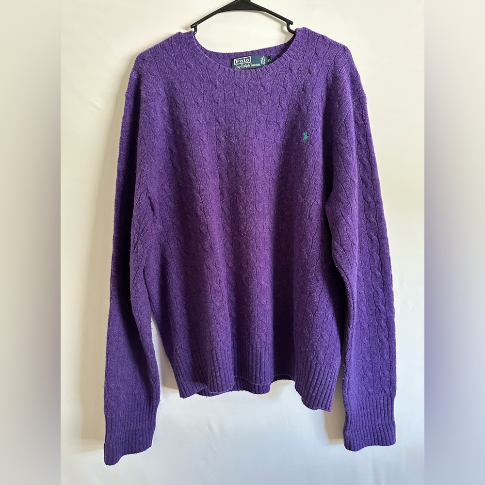 Polo Ralph Lauren Cable-Knit 100% Lambs Wool Purple Sweater Size XL